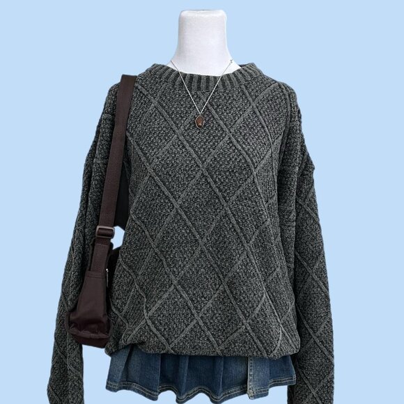 vintage 90s gray argyle indie skater grunge knit sweater - Picture 1 of 8